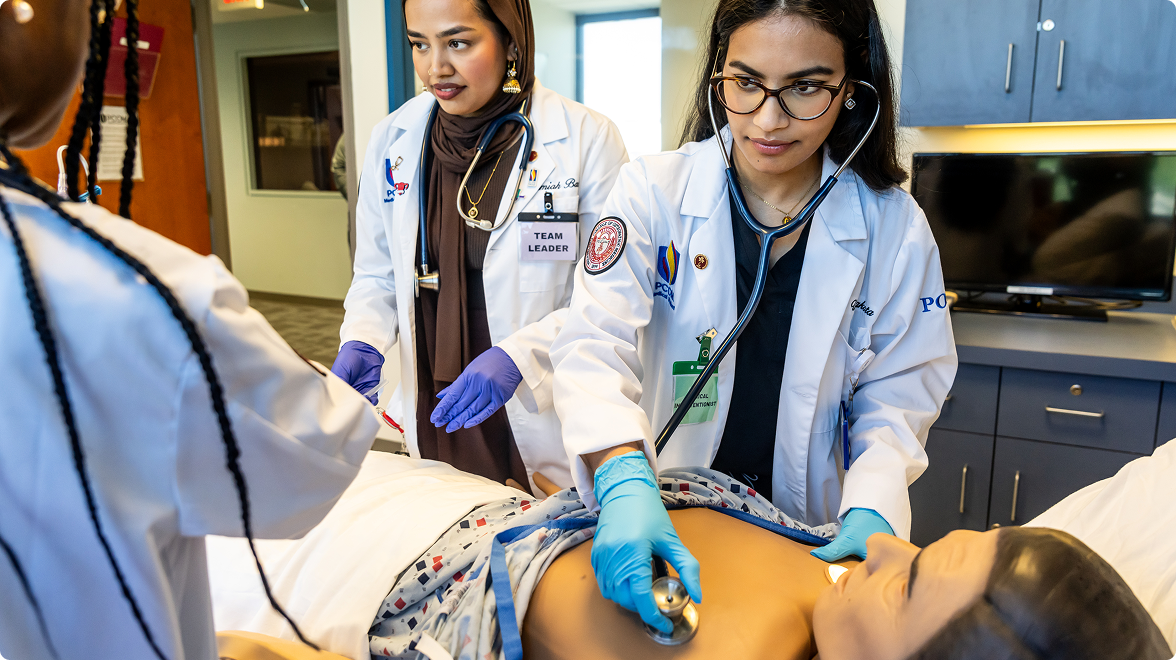 two female students work in white coats using a stethoscope on a medical simulation mannequin.